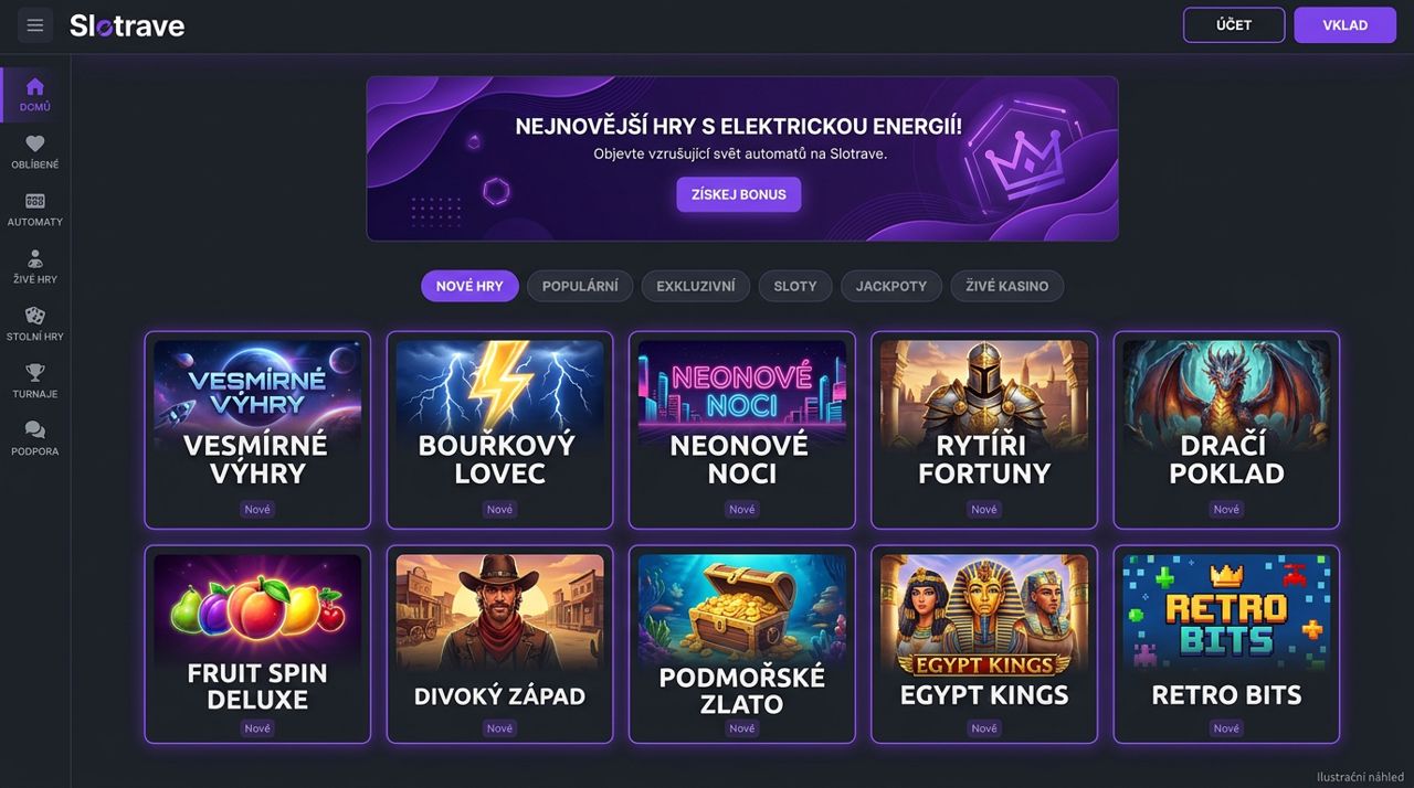 Náhled webu kasina Slotrave s nabídkou her a platebními možnostmi