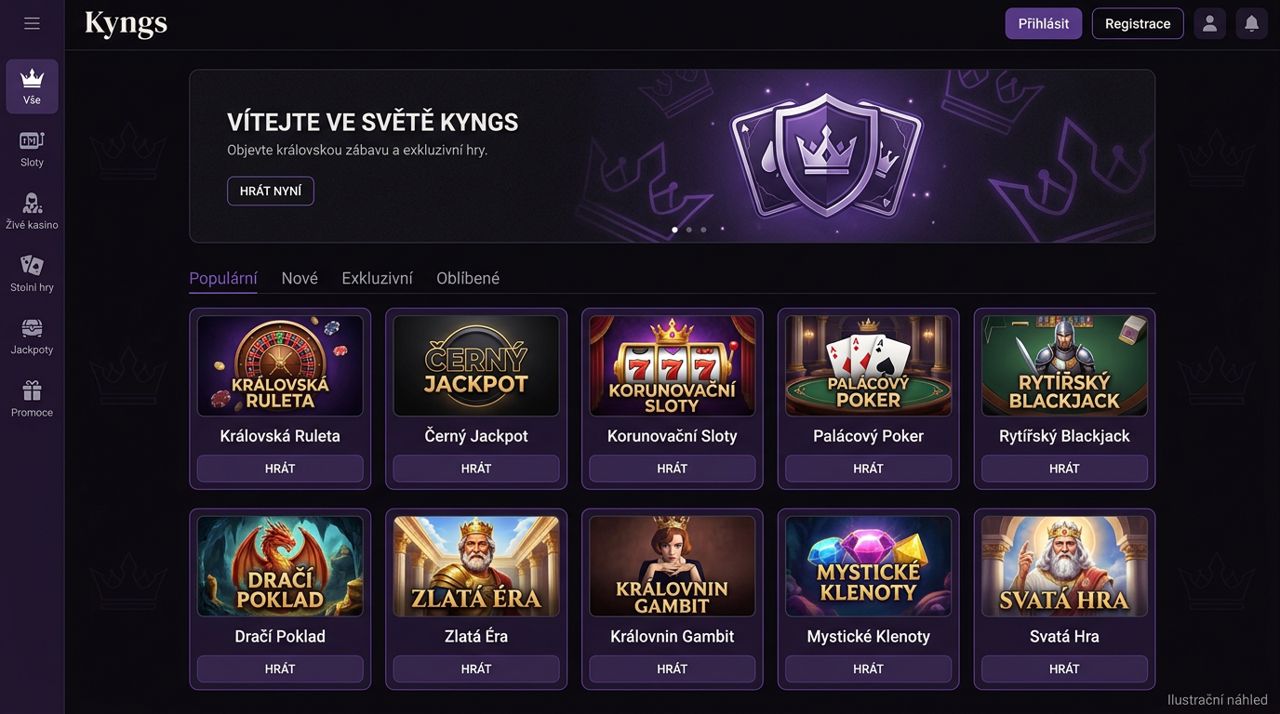 Snímek obrazovky online kasina Kyngs s nabídkou kasinových her a sportovních sázek