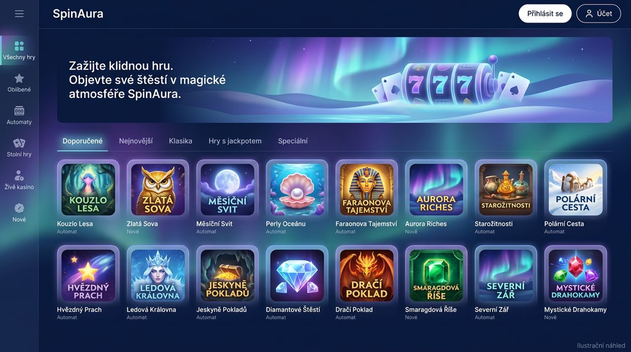 Snímek obrazovky online kasina SpinAura s nabídkou automatů a živého kasina